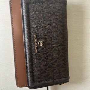 Michael Kors Brown and Tan MK Monogram Continental Wallet